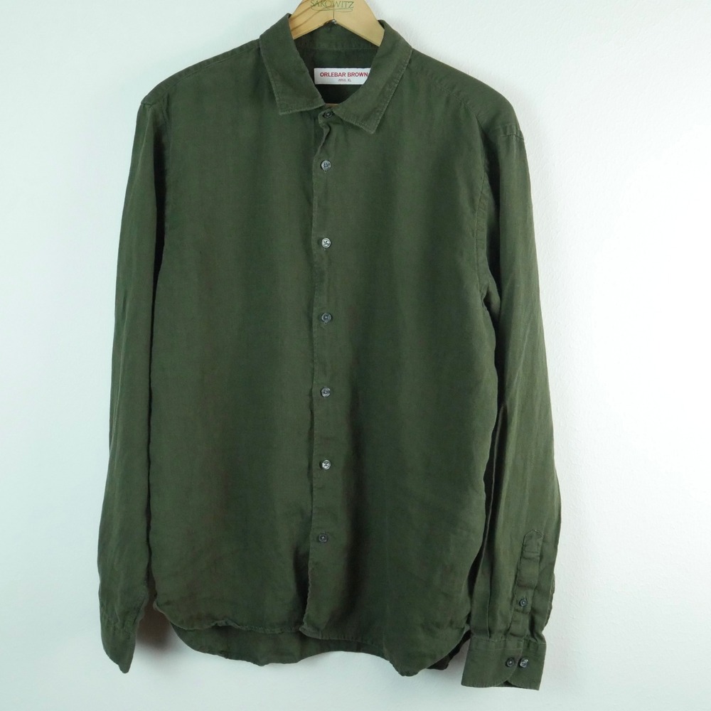 Orlebar Brown Giles Linen Shirt Mens XL Green Long Sleeve Button Down Portugal
